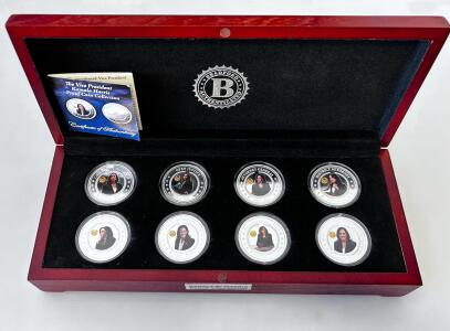 Kamala Harris 8-Coin Proof Collection, 99.9% Silver-Plated, Colorized, Deluxe Wooden Display