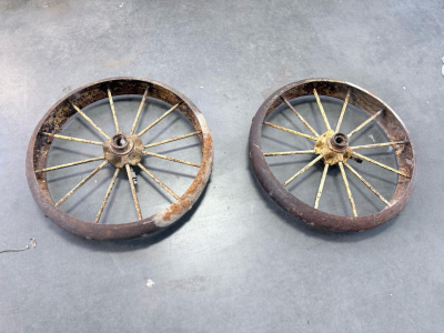 Pair Antique 22" Steel 12-Spoke Wagon Cart Wheels &ndash; Vintage Farm Decor Or Restoration