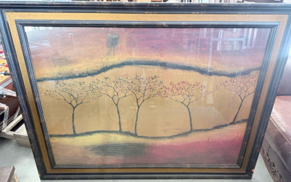 Large Framed Contemporary Abstract Tree Landscape Art, Black & Gold Wood Frame, 42"x54"