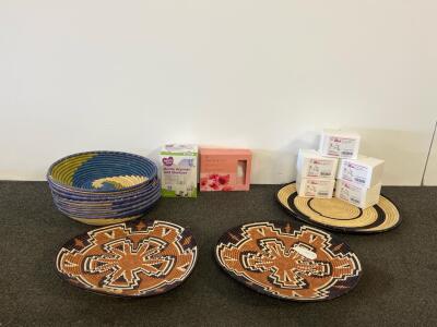 Handwoven African Basket Tray Set &ndash; Blue/Green/Brown, 13&ndash;17" Geometric Patterns, Natural Fiber & More