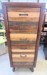 Rustic 6-Drawer Tallboy Chest, Angled Wood Legs, Multi-Tone Stained Solid Wood, Metal Bar Handles