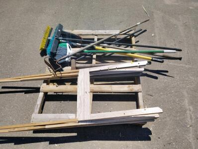 Outdoor Tools: Push Brooms, Garden Rake, Axe, Wooden Garden Fencing Panels