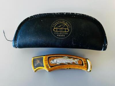 Franklin Mint "Rainbow Trout" Collector's Folding Knife With Fly Inlay And Pouch