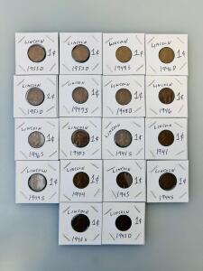 Lincoln Wheat Cent Collection &ndash; 1941&ndash;1955, 1&cent;, Multiple Mint Marks, Set Of Circulated Coins In 2x2 Holders