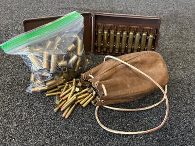Winchester SUPER .38/.357 Ammo, Magnum Rifle Brass, Leather Pouch, And Ammo Holder
