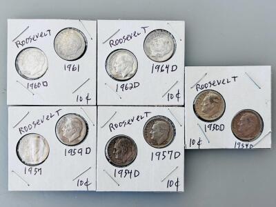 10 Circulated 90% Silver Roosevelt Dimes: 1954-1964, Denver & Philadelphia Mints