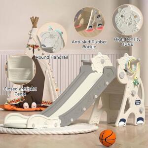 White Plastic Indoor Kids Slide, Animal Theme, Includes Instructions, 66" Long, Basketball Hoop Feature