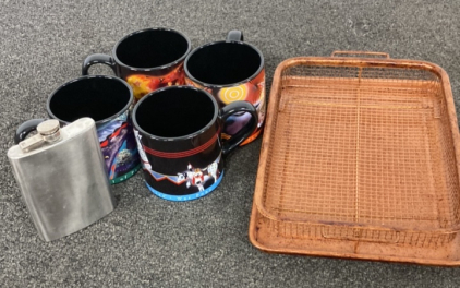 Painted Pony Mugs, Titanium And Ceramic Tray, And A Flask