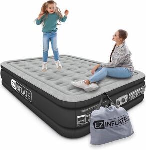 EZ INFLATE Queen Double-High Airbed Model 83380 With Built-In Pump, 16" Height, 600 lb Capacity