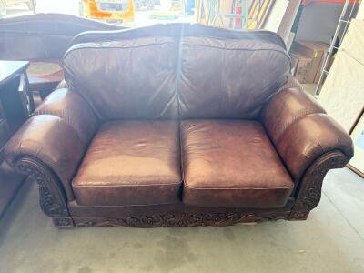 Dark Brown Leather Loveseat Sofa With Ornate Carved Wood Trim, Traditional 2-Seater, 65" Wide
