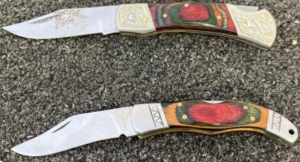 Pair Cascade Folding Pocket Knives, 3.5" Stainless Blade, Lockback, Colored Wood Inlay