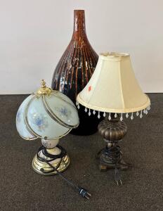 Vintage Brass & Glass Floral Table Lamp, Ornate Bronze Table Lamp, Mosaic Floor Vase