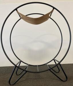 Contemporary Circular Metal Log Holder With Leather Sling, Approx. 20" x 12" x 20"