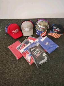 15-20 Trump 2020/2024 Hats & 10+ Flags/Banners, Various Slogans, New Condition