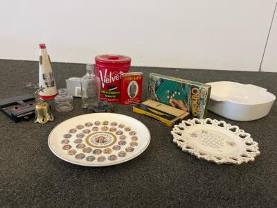 Vintage Collectibles Lot: Presidential Plate, Tobacco Tins, Sparkomatic 8-Track, Toys, Decor