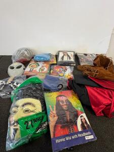 Large Adult Costume Lot: Hippie, Western, Guy Fawkes Mask, Alien, Rasta, Graduation, Avocado