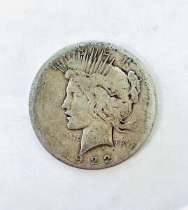 1922 U.S. Peace Silver Dollar Coin, 90% Silver, 26.73G, Philadelphia Mint