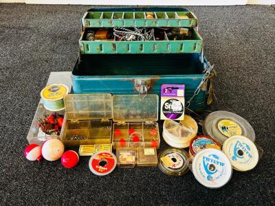 Vintage Metal Fishing Tackle Box, Berkley & Sunset Lines, Hooks, Lures, Bobbers, Assorted Gear