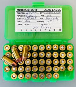.45 ACP Handloads, 185Gr Hornady XTP, Bullseye 6.1Gr, Mixed Brass, 50 Rounds, MTM Case