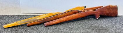 3 Vintage Wood Rifle Stocks, Sporter/Monte Carlo, Checkered Grips, Various Butt Plates (Mauser, Remington 600, And Winchester 54)