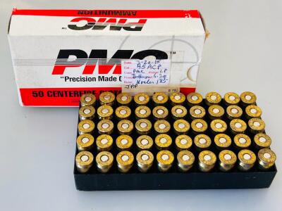 .45 ACP 185Gr Nosler JHP Handloads, Bullseye Powder, Mixed Brass, 50 Rounds, PMC Packaging