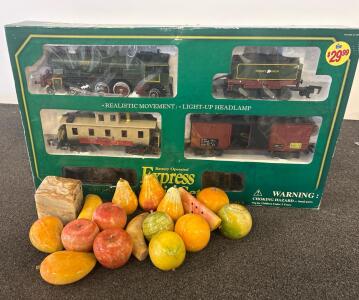 Decorative Carved Onyx/Marble Stone Fruit and Dice Set &ndash; 13 Pieces, Battery Operated Express Train Set, 19 Ft Track, Light-Up Headlamp, G Scale, Boxed (PCBR 46605)