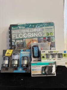 Bundle: Best Step Interlocking Flooring, Microlife BP Monitor, Cascade Lantern 3pk, Intex Pump, Feit LED Bulbs
