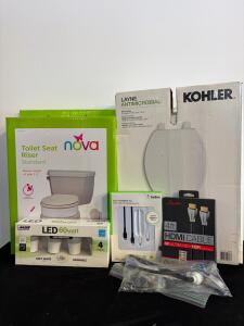 KOHLER Layne Antimicrobial Elongated Slow-Close Toilet Seat, White, Plastic, ITM 1600327. toilet seat riser, two pack HDMI cord, iPhone, charging cables 4 pack bulbs