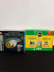 Rapid Flo 100ft Garden Hose 5/8" + Miracle-Gro LiquaFeed Feeder Value Pack with 5 Plant Food Bottles