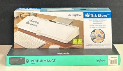 Logitech MK825 Wireless Keyboard & Mouse Combo, MessageStor Glass Desktop Whiteboard Organizer