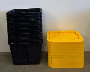 Greenmade 12 Gallon Plastic Storage Totes &ndash; Set of 13, Black Totes with Yellow Lids, Stackable