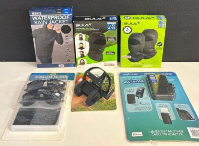 myCharge Power Hub All-in-One 10000mAh Portable Charger, Built-in Cables & Plug, iPhone/Android, (3) 4-in-1 Winter Weather Face Masks L/XL, Waterproof Rain Jacket L, And (2) Pairs Sunglass Readers +2.75 Prescription