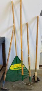Collection of Used Garden Hand Tools: Mattock, Leaf Rake, Bow Rake, Cultivator