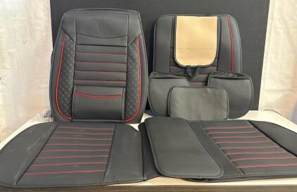 Universal Fit Black PU Leather Car Seat Covers Full Set, Red Stitching, Quilted Design, 9-Piece Kit