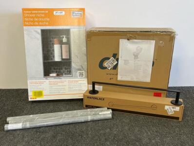 Schluter 12"x20" Shower Niche, Drive Medical Raised Toilet Seat, Waterlace Towel Bar, Adhesive Marble Contact Paper