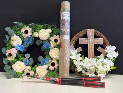 Garden Decor: Burlap Fabric Roll, "He Is Risen" Round Wreath, Square Floral Wreath, Pruning Lopper