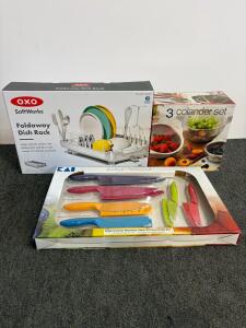OXO Foldaway Dish Rack, MIU 3-Piece Colander Set, KAI Pure Komachi 2 6-Piece Knife Set, New