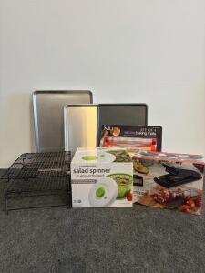 Assorted Kitchen Bakeware Lot: MIU Silicone Baking Mats, Nordic Ware Sheets, Spinner, Chopper