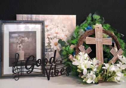 2 Framed Floral Prints, &ldquo;Good Vibes&rdquo; Metal Sign, 2 Spring/Easter Wreaths