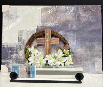 Cordless Cellular Window Blind, Light Gray, 36"x64", Includes He Is Risen Wreath, 24&rdquo; Towel Bar And 24&rdquo;x36&rdquo; Abstract Wall Canvas