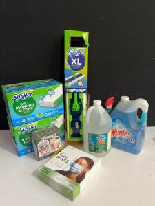 Swiffer XL Sweeper Kit, 2x 64-Count Wet Cloths, Windex 1.37 gal, Vinegar, Face Shields Lot