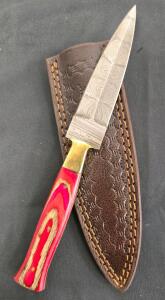 Damascus Steel Fixed-Blade Knife, 4.5" Blade, Custom Red Wood Handle, Leather Sheath, #3416