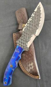 Custom Fixed-Blade Hunting Knife With Hammered Blade And Blue Ergonomic Handle