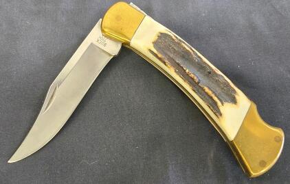 Buck 110 Folding Hunter Knife, USA, 1986, Stag/Bone Handle, Brass Bolsters, 3.75" Blade