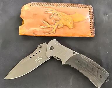 GTW 440C Steel Folding Knife, Drop Point Blade, Textured Handle, Leather Sheath Included