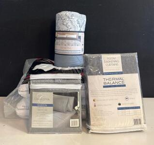 Charisma Queen Sheet Set, King Down Blanket, Beautyrest Pillows, Thermal 52"x84" Curtains Lot