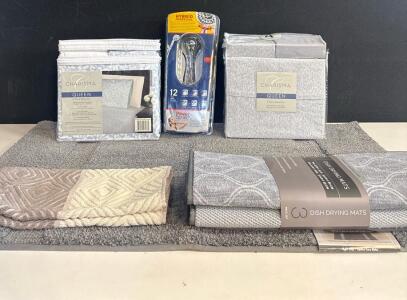 Charisma Queen 6 Pc Sheet Sets, Waterpik Power Dial Shower Head, Dish Mats, Mohawk Bath Rug