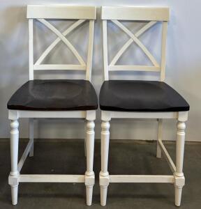 Set of 2 Counter-Height Bar Stools, X-Back, White Frame, Dark Wood Seat, Farmhouse Style