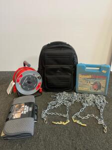 Mixed Lot: 50 ft Extension Cord Reel, High Sierra Backpack, Peerless Tire Chains, All-Clad Drying Mat
