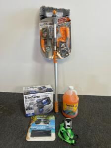 Multi-Item Auto Accessory Lot (Rain-X Washer Fluid, BONAIRE Inflator, SmartStraps, Kirkland Sunglasses, AutoSpa Brush)